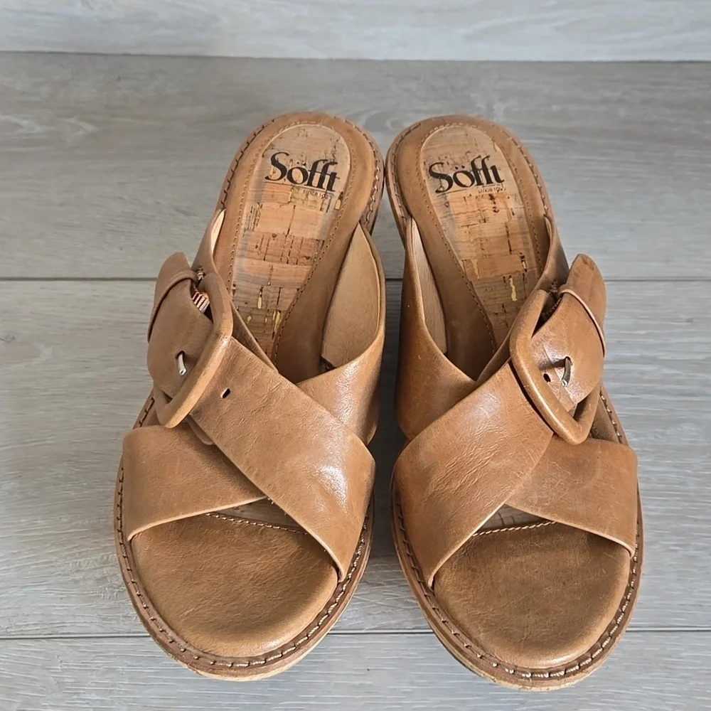 Sofft Women Leather Stylish Tan Wedge Sandals Shoes 7.5M